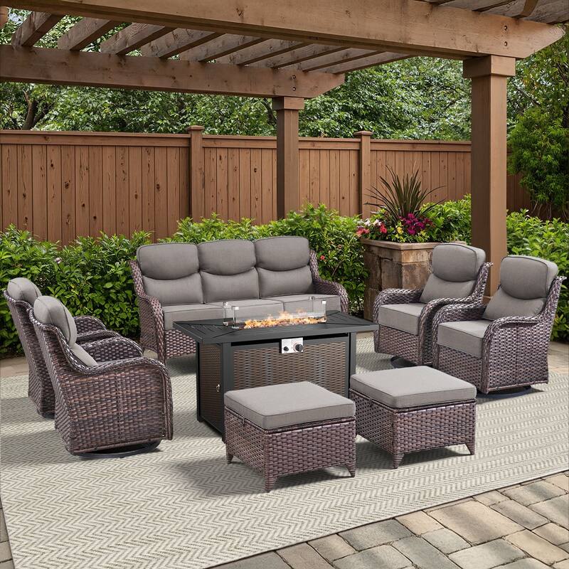 Arcadia 8-Piece PE Wicker Patio Seating Set with Durable All-Iron Fire Pit and 6-Inch Cushions