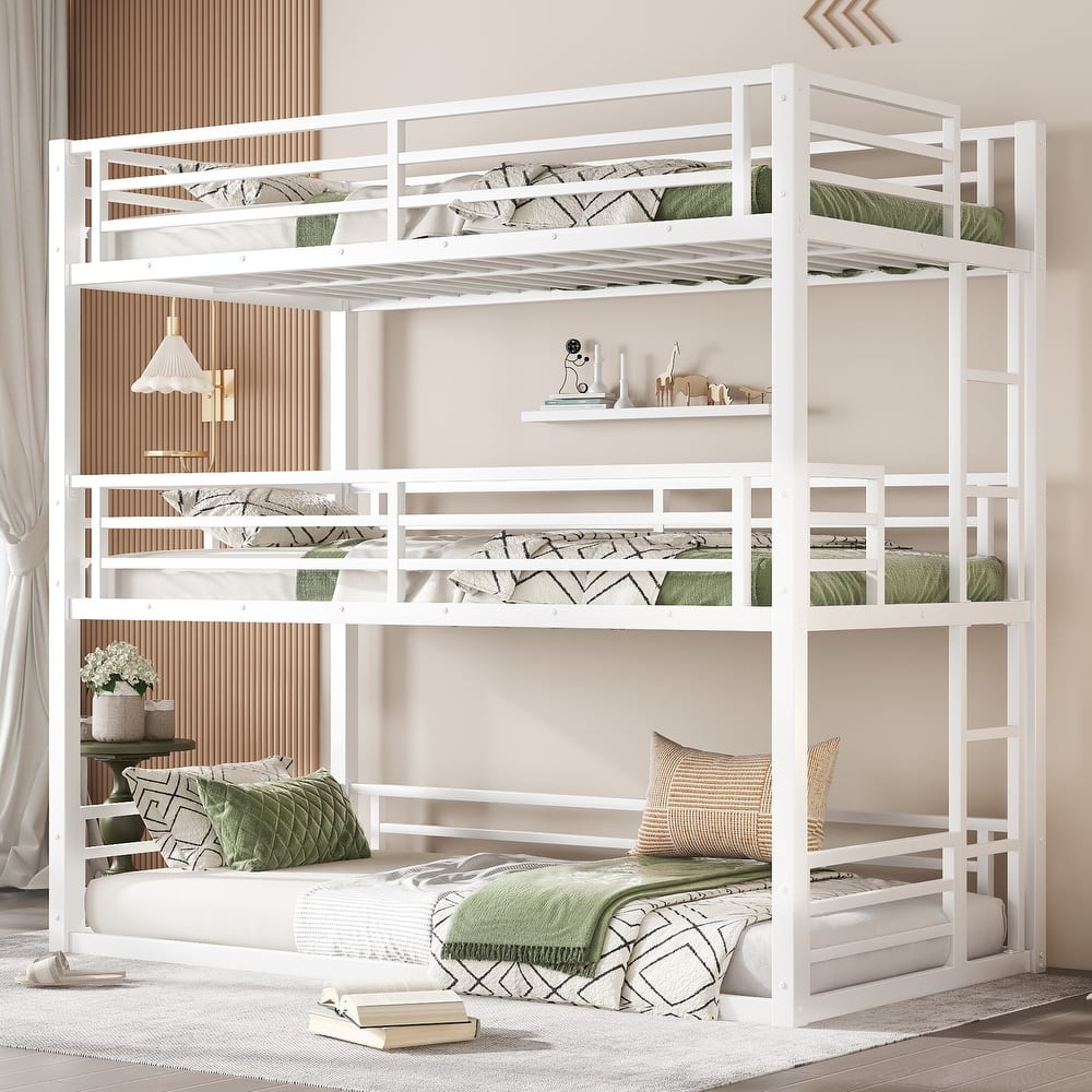 Roomfitters Twin/Full/Queen Metal Triple Bunk Bed with Safety Guardrails, Heavy-Duty Noise-Reduced Frame, White