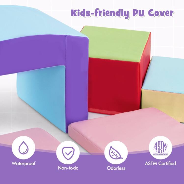 Multicolor PU Foam Climbing Blocks 6 Pieces, Safe, Versatile, Educational Playset for Kids, Tunnel - 16" x 12" x 10" (L x W x H)
