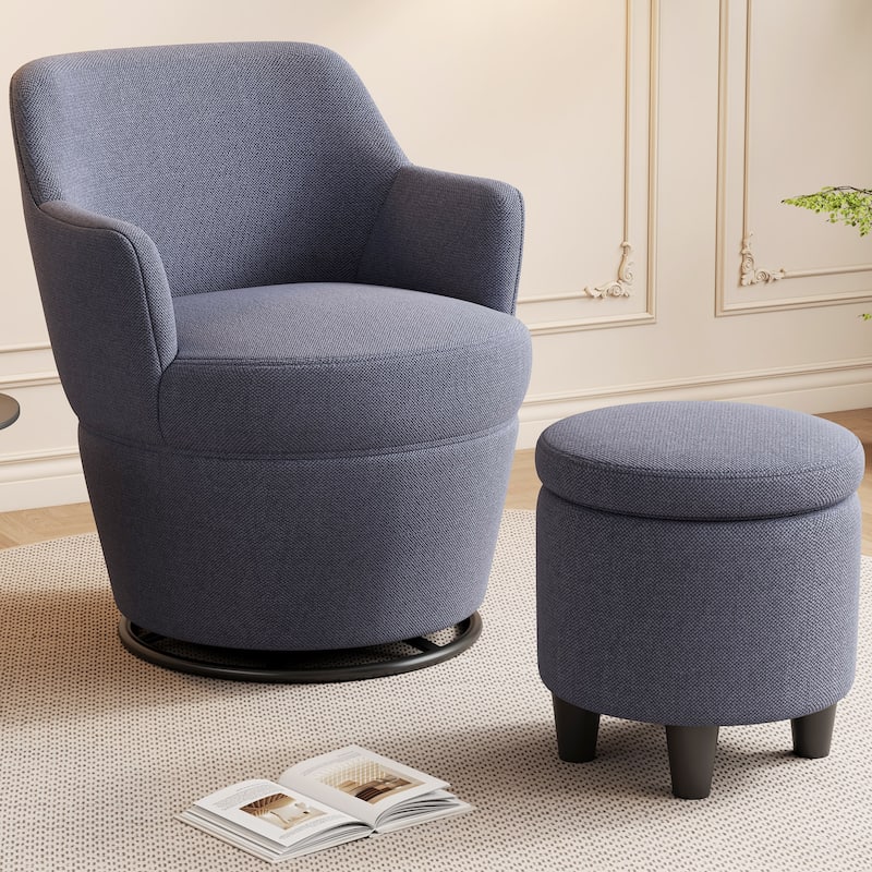 Swivel Accent Chair with Storage Ottoman, Modern Lounge Sofa Chair Barrel Chair Arm Chair with Nail Trim - Blue