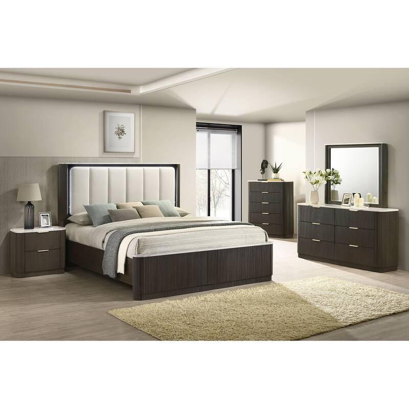 1pc Contemporary Dark Walnut Finish LED Bed