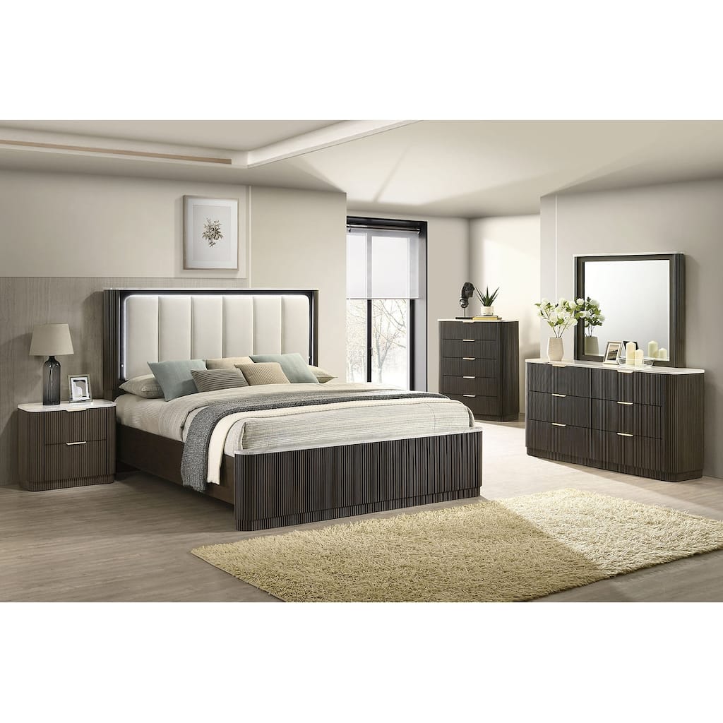 Contemporary Bedroom Set Dark Walnut Finish Bed Nightstand Dresser Mirror Chest