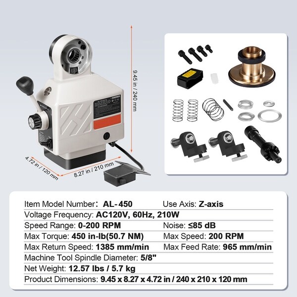Z-Axis Power Feed for Milling Machine, 450 in-lb Torque, 0-200RPM