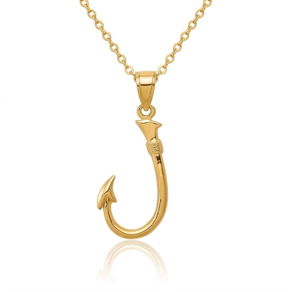 Curata 14k Solid Gold 18" Textured 33x13mm 3-D Fishing Hook Necklace