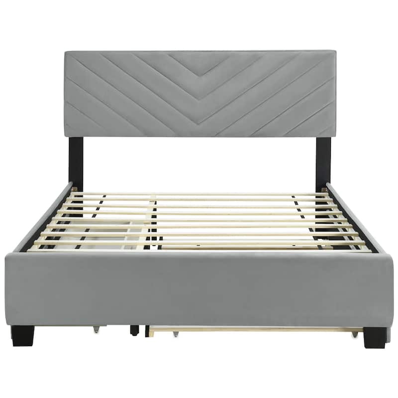 HomeRoots Gray Tufted Upholstered Queen Bed Frame With Trundle And Drawers