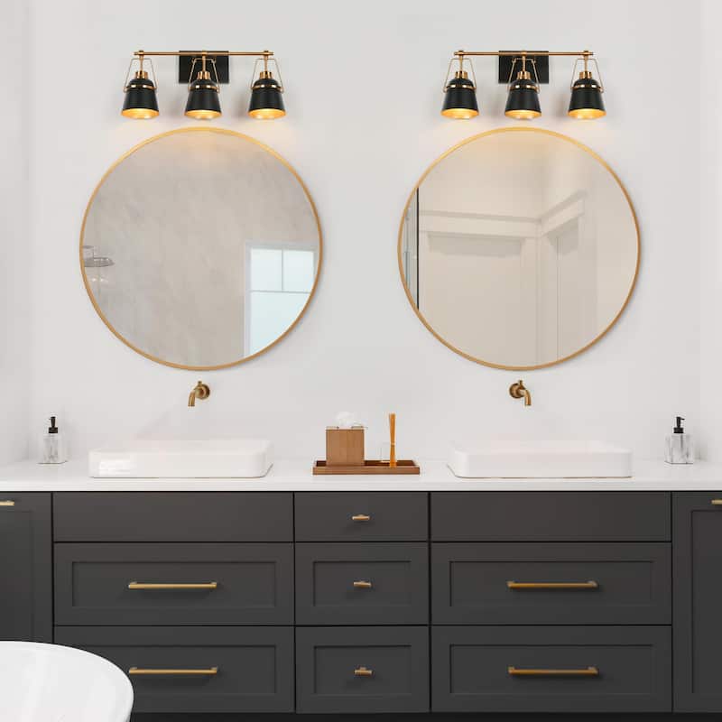 Modern Contemporary Black Gold 3-Light Bathroom Vanity Lights with Cone Metal Shade - L 21.5'' x W 5.7'' x H 10''