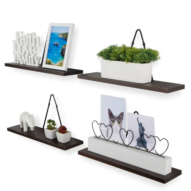 Rustic State Wall Mount Floating Shelves Wood with Triangle Bracket - Pack of 4 - Walnut - Pack of 4