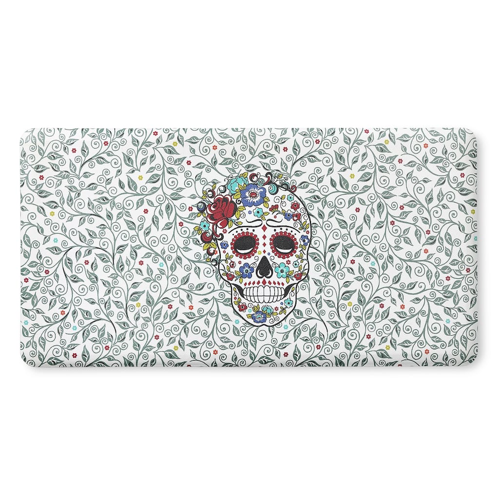 FIESTA Skull & Vine Floral Sugar Skull Anti-Fatigue Comfort Kitchen Mat, Non-Slip Floor Mat, Padded Standing Desk Mat