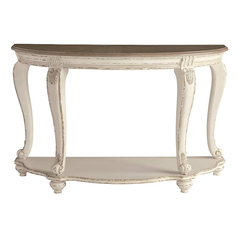 Crescent Moon Wooden Sofa Table with Engraved Details, Brown and White