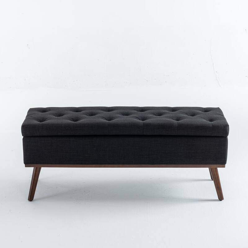 Linen Storage Ottoman Bench with Wood Legs, Upholstered Entryway Bench Tufted Mid Century Modern Ottoman Bedroom End of Bed