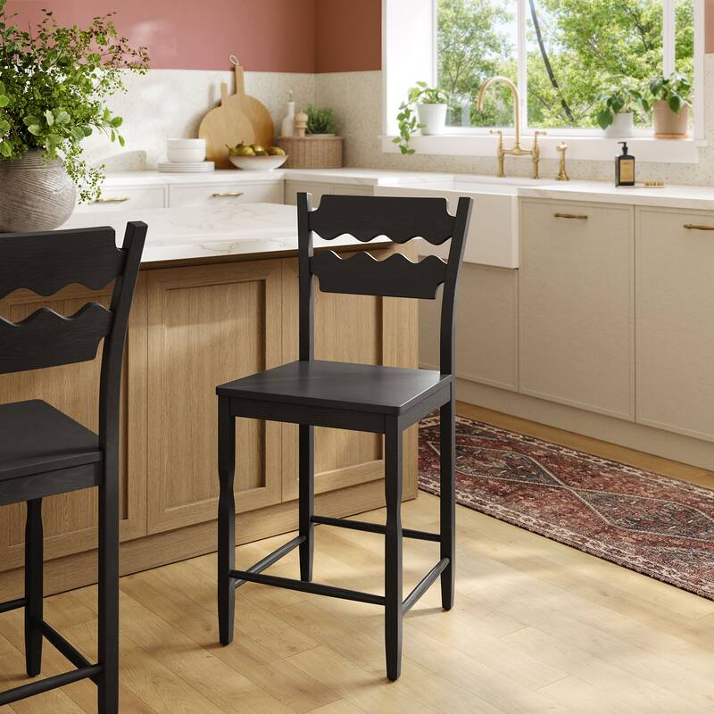 Jax Oak Wood Counter Stool With Wavy Razor Back - Black