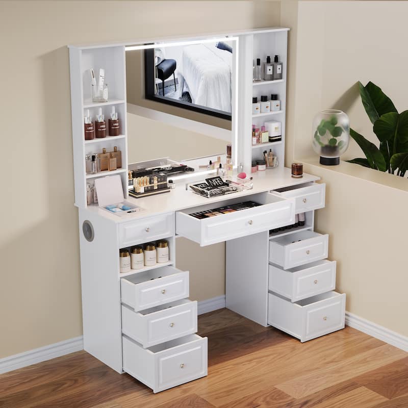 Modern Vanity Set with Lighted Mirror,Extra Large Mirror Makeup Vanity Table with 9 Drawers,European Style Vanity