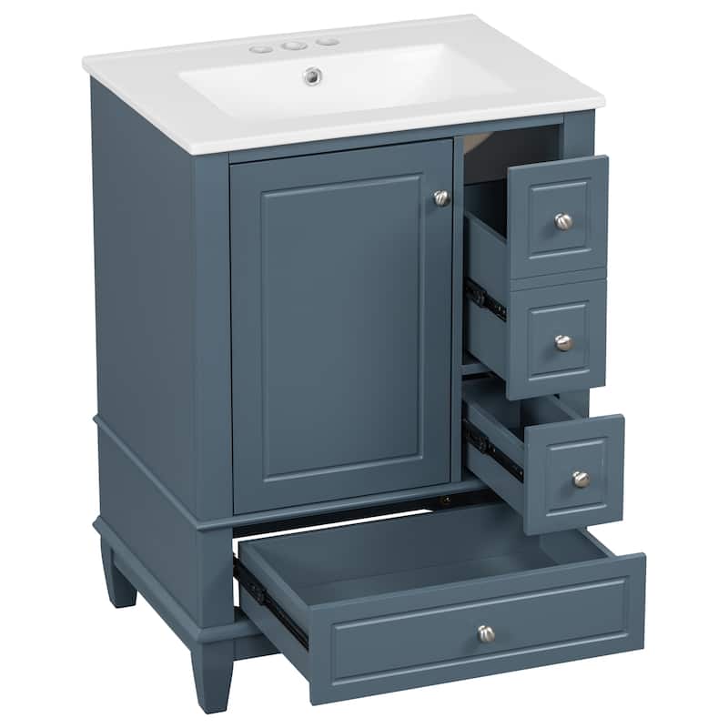 24" Freestanding Bathroom Vanity with Sink - Ceramic Top, Drawers & Shelves, MDF & Solid Wood Base, for Small Bathrooms