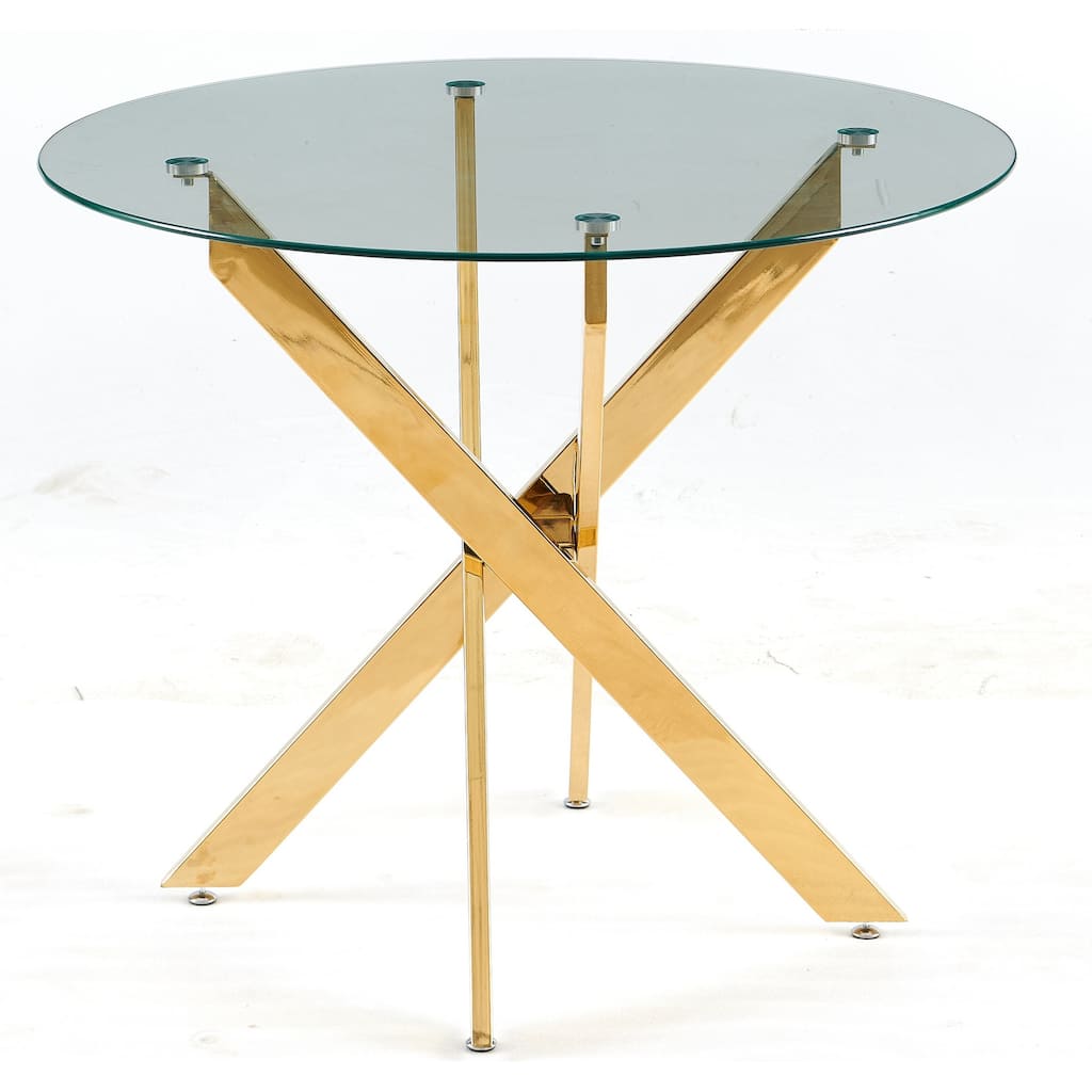 Modern Round Glass Dining Table for 4-6, Kitchen Table with Glass Top & Metal Cross Legs, Circular Table for Small Space