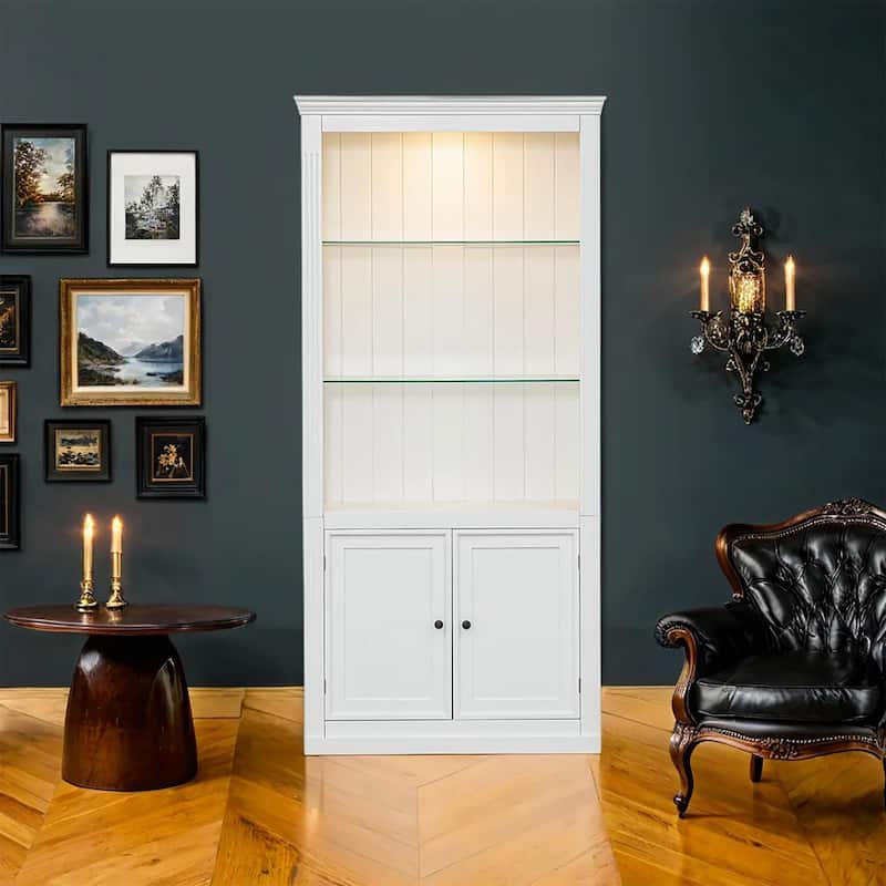 78.75 Inch Display Cabinet Showcase Display Rack, Wooden Bookcase with Tempered Glass Shelves White Bookshelf with 2 Doors - White