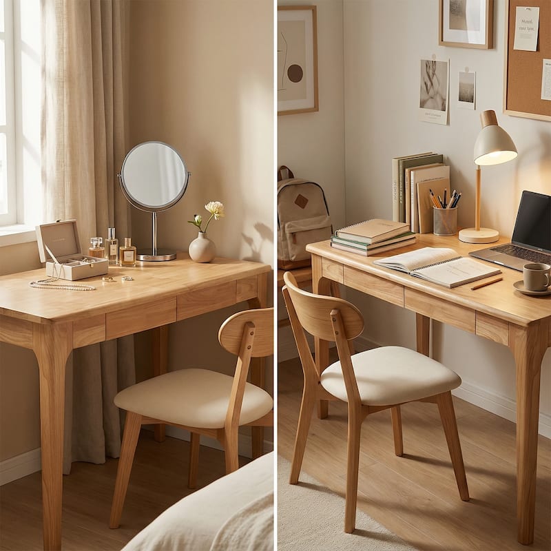 Solid Wood Mid-Century Modern Desk with Drawers for Home Office