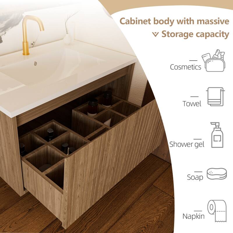 GDFStudio - Ari Modern Aesthetic Freestanding Bathroom Vanity with Ceramic Sink, Soft Close Drawers & Large Storage Spaces