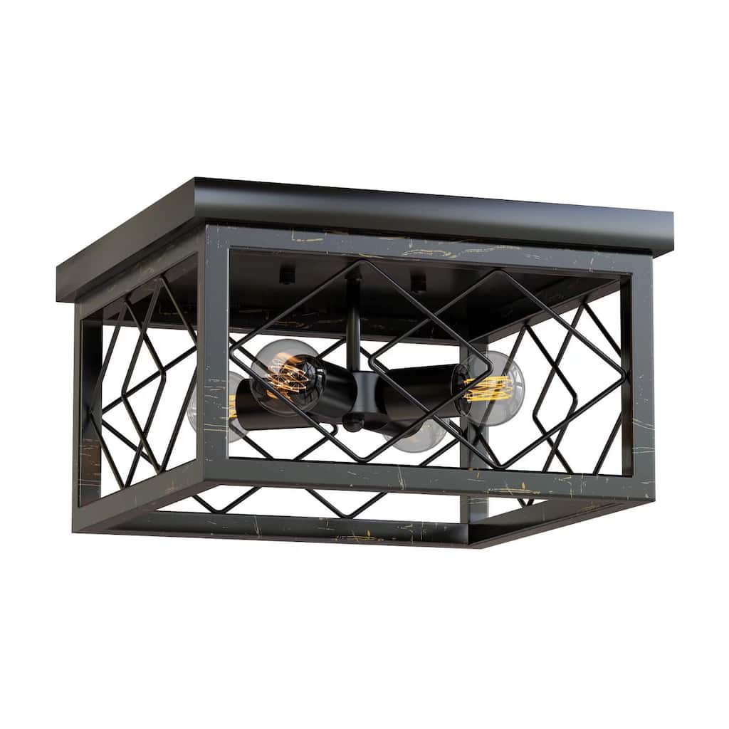 Industrial Retro Farmhouse Ceiling Light Fixture, 4-Light Rustic Flush Mount Ceiling Light, Industrial Wooden Ceiling Lighting,