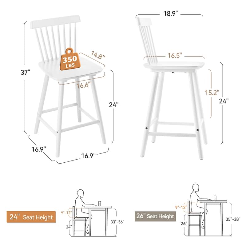 24 in. Windsor Wooden Bar Stools with Low Back Farmhouse Solid Wood Counter Stools - 16.9 in. W x 16.9 in. D x 37 in. H
