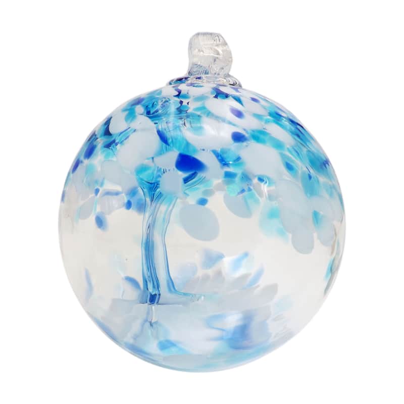 Tree of Life - Aqua Hand Blown Art Glass Ornament-4"D - 4 inch