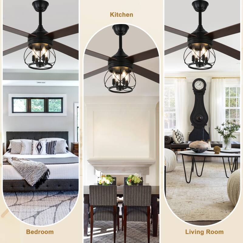 Bella Depot 52" Farmhouse Wood Ceiling Fan with Remote and Light, 6-Speed Indutrial Chandelier - 52 Inches