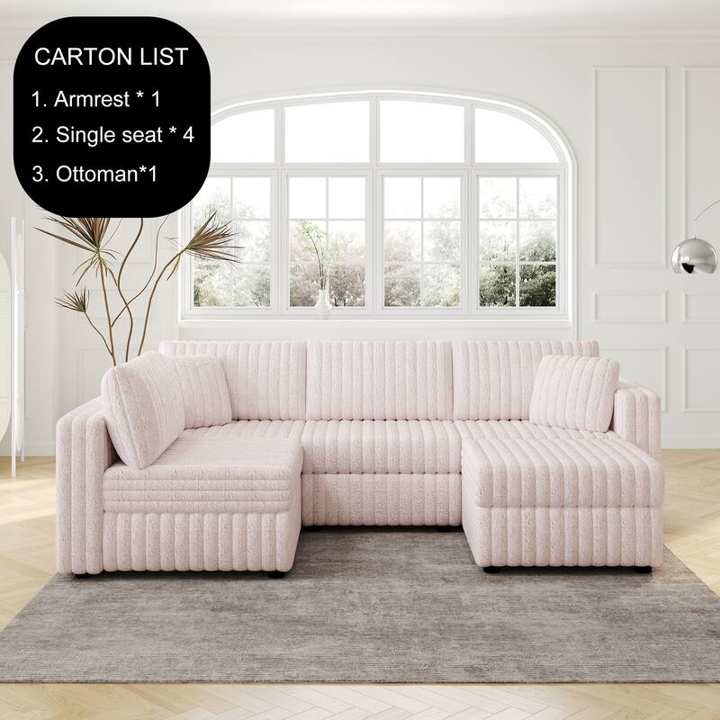 106.3" Soft U-shaped 4-Person Modular Sofa with Ottoman, Light Pink, Metal Frame