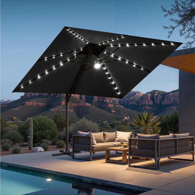 11 FT Outdoor Solar Powered LED Patio Cantilever Umbrella Double Top Square Umbrella - Black