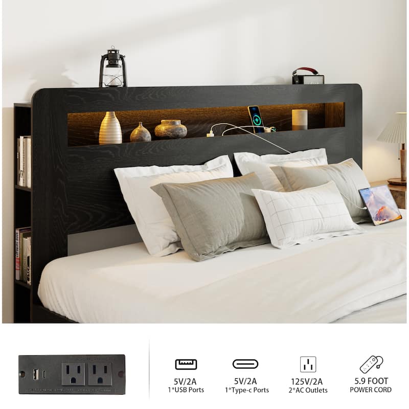 King Size Metal Platform Bed with LED Headboard and 2 USB Charging Ports, Storage