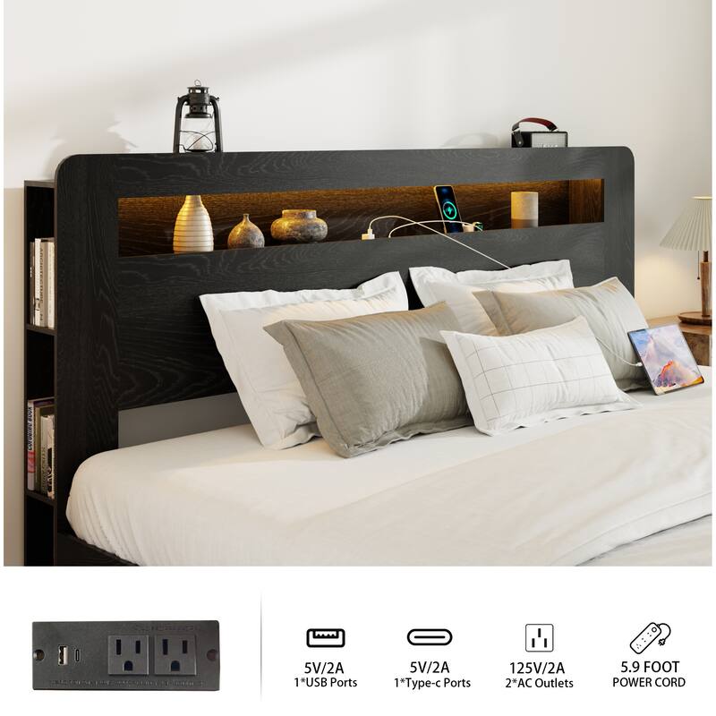Wood Bed Frame with Storage Shelf Headboard Vintage Platform Bed Frame with Led Lights/Charging Station/Noise-Free Design/Black