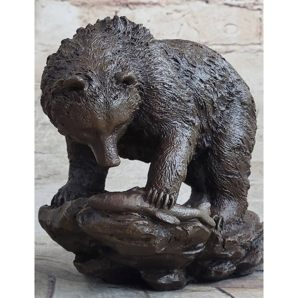 Original Burly Black Bear With His Fish Dinner Bronze Sculpture Statue Figurine