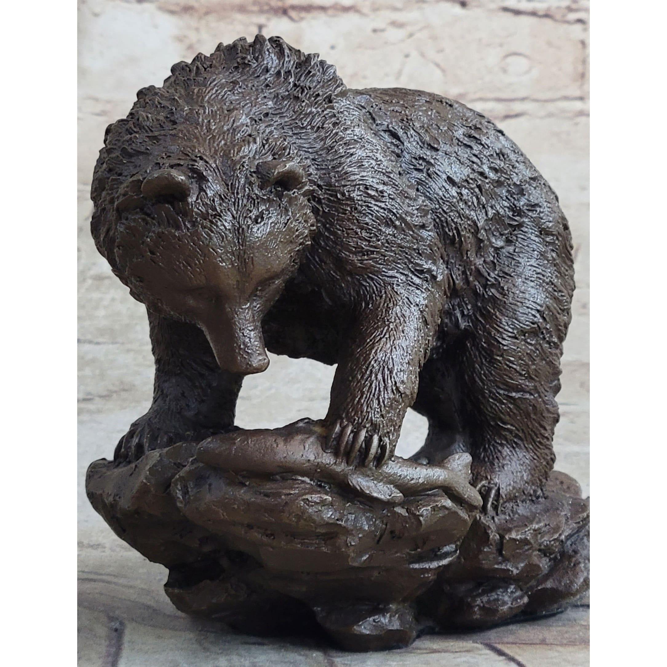 Original Burly Black Bear With His Fish Dinner Bronze Sculpture Statue Figurine