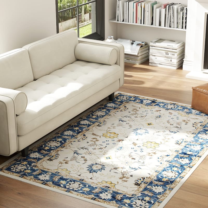 HOMCOM Area Rug 4x6, Machine Washable Rug, Non-Slip Boho Floral Print Floor Cover Foldable Carpet for Living Room - 3'6"