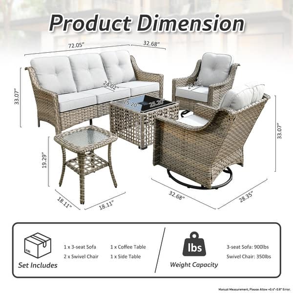 dimension image slide 0 of 8, OVIOS 5-Piece Outdoor Wicker Swivel Chair Set With Solar-Powered Table