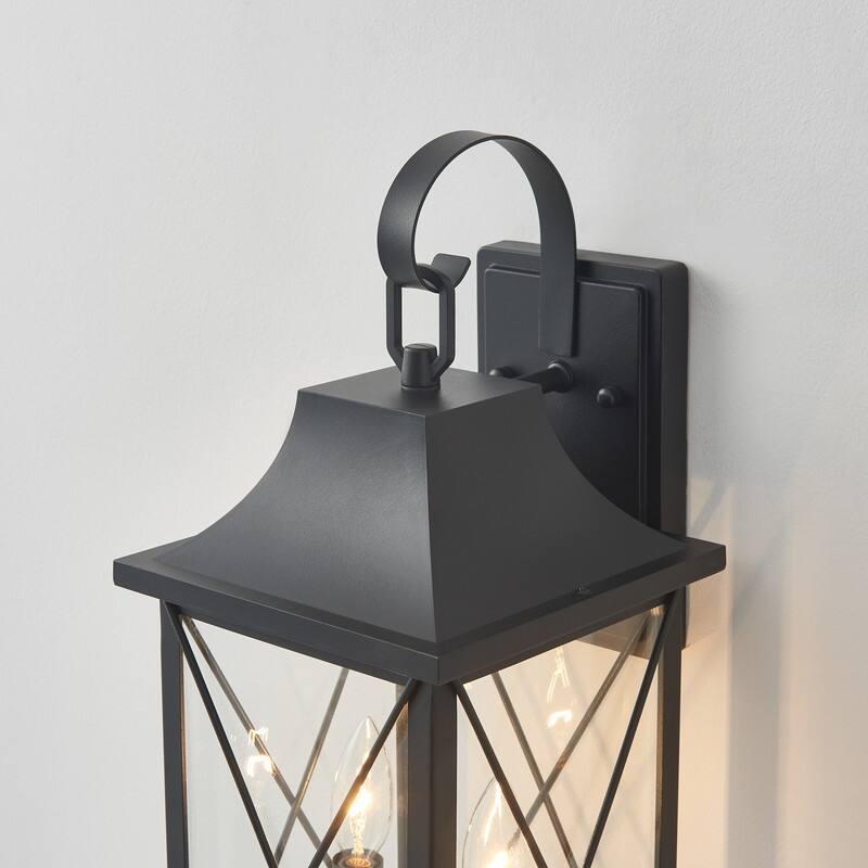 KAWOTI 2-Light Black Lantern Outdoor Sconce with Clear Glass Shade - W8.125" * H19.5" * E9"