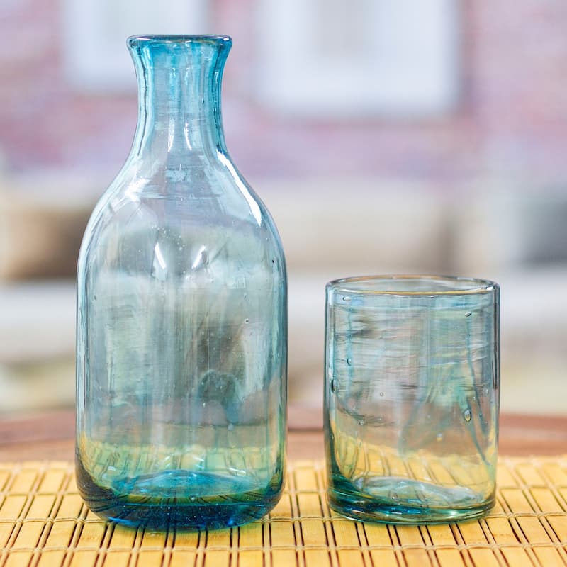 Novica Handmade Delicate Aqua Handblown Recycled Glass Carafe And Glass Set (Pair)