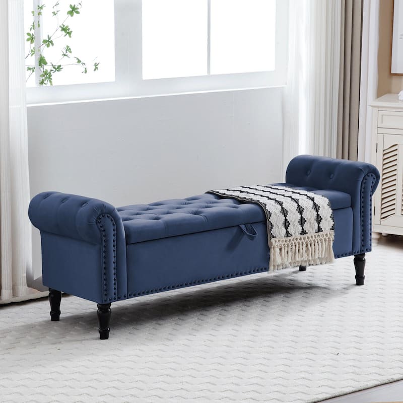 67" Velvet Tufted Storage Bench for Bedroom End of Bed with Roll Arms