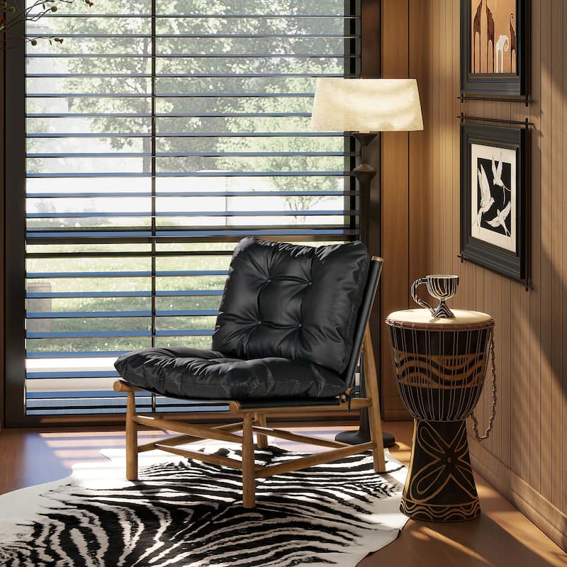 Oxford 26.5" Leather Mid-Century Modern Accent Chair, Noir Black Leather