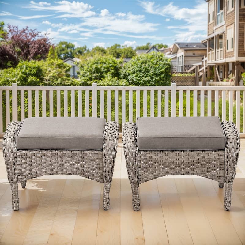 Gymojoy Versatile Outdoor Wicker Ottomans with Soft Cushions - 2-Piece - Grey Wicker / Grey Cushion