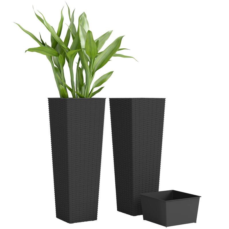 Outsunny 32 Inch Tall Planters for Outdoor Plants, Set of 2 Plastic Rattan-Like Flower Pots with Drainage Holes