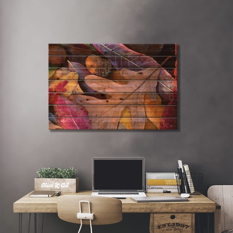Fall-Colored Oak, Cherry And Sumac Leaves On Ground With Acorns, Petit Jean State Park, Arkansas Print On Wood by Tim Fitzharris