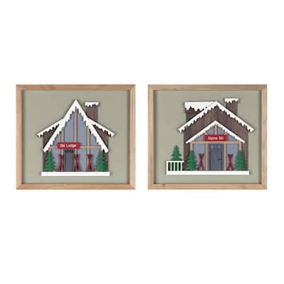 Set of 4 Brown & Green Ski Lodge Framed Christmas Wall Art, 12"x10.75"