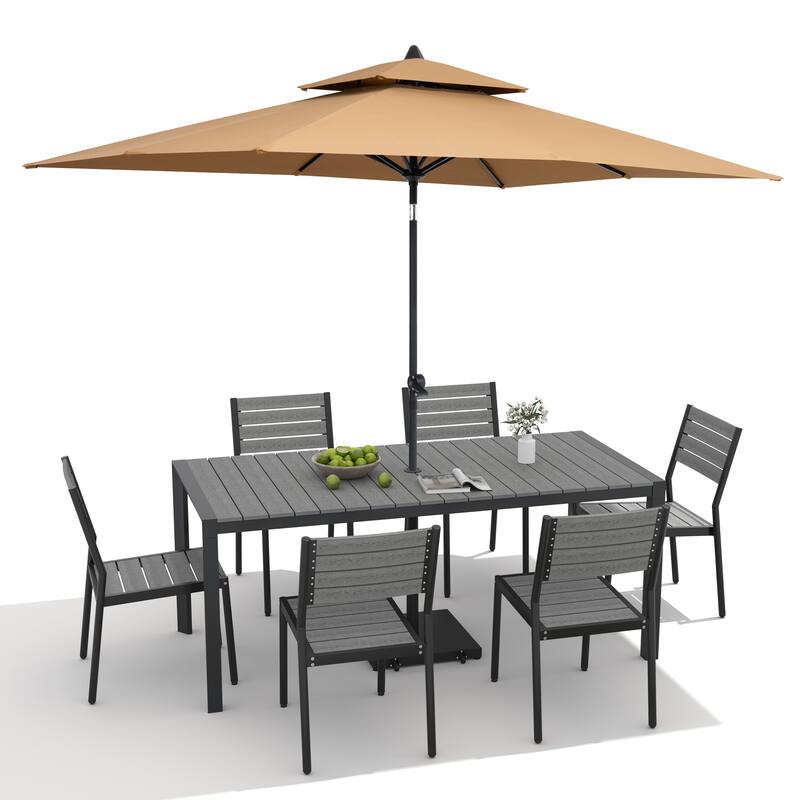 9/11-Piece Outdoor Dining Set Aluminum Table and Stackable Chairs w/10 ft Umbrella and Base