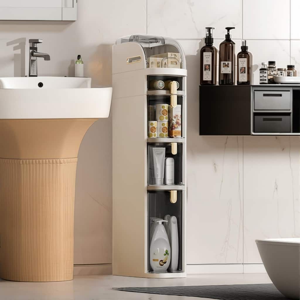 Slim Bathroom Storage Cabinet with Drawers & Tissue Box, Plastic Narrow Rolling Bathroom Tower Cart No Installation