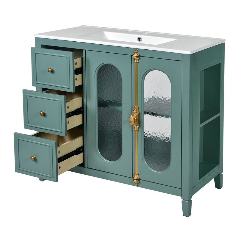 36" Single Sink Bathroom Vanity, Translucent Patterned Glass Doors Bathroom Storage Cabinet with 3 Drawers