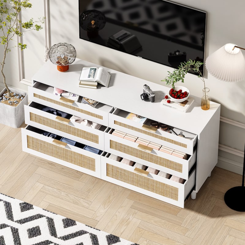 Rattan 6-Drawer Double Dresser with Metal Handle, Clothes Storage Cabinet for Bedroom