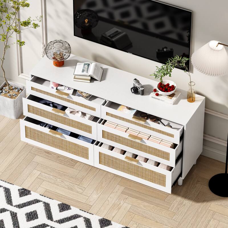 Rattan 6 Drawer Dresser, Clothes Storage Cabinet with Metal Handle and Wood Legs