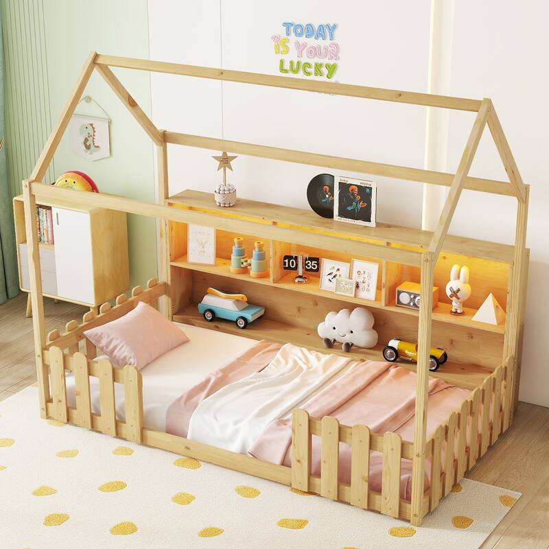 Twin Size House Bed with LED Light, Wood House Bed with Storage Bookshelf, Floor House Bed with Guardrails for Kid