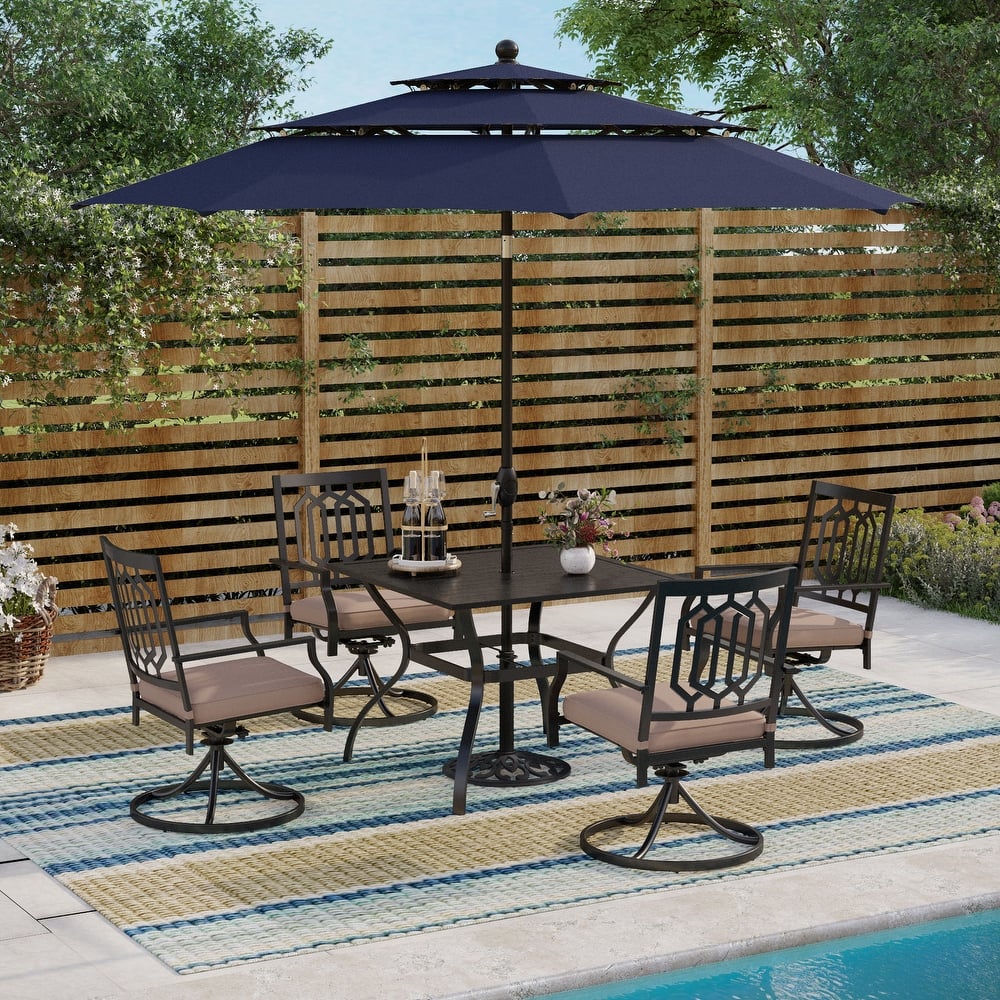 MAISON ARTS Patio Dining Set 5 Piece with 10ft Round Umbrella, 4 Swivel Dining Chair with Cushion and Steel Slat Patio Table