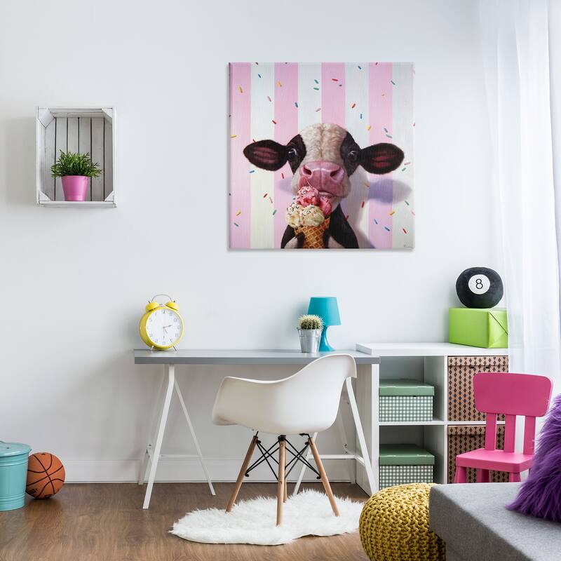 Stupell Cute Baby Cow with Ice Cream Cone Pink Stripes Canvas Wall Art