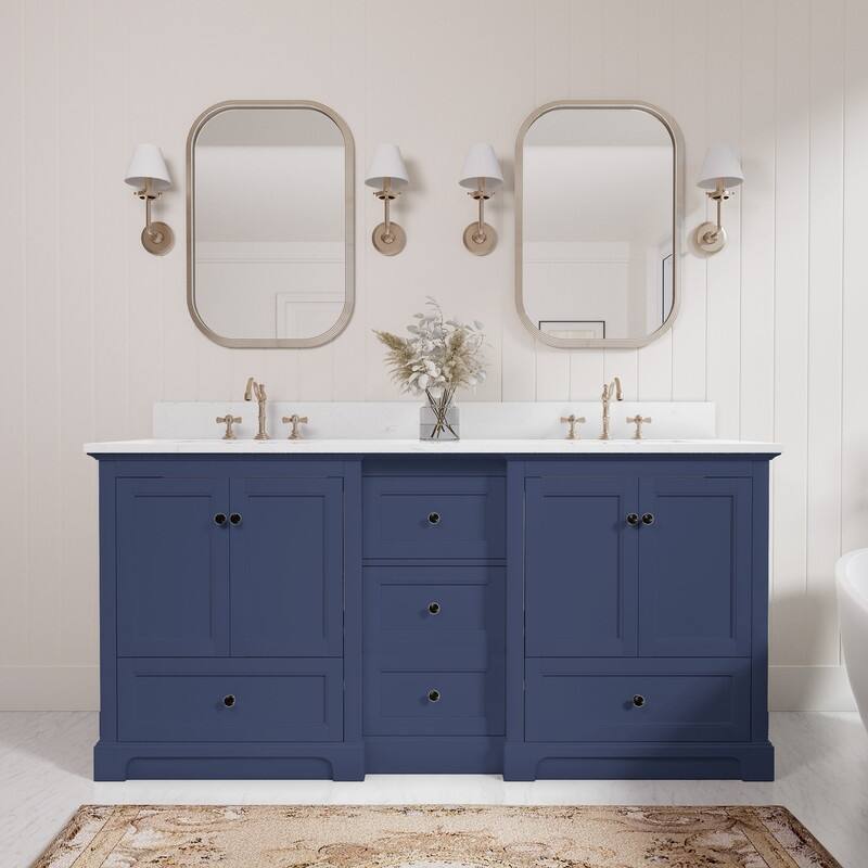 72-Inch Elegant Solid Wood Bathroom Vanity with Ceramic Top, Double Sinks, and Ample Storage - Blue